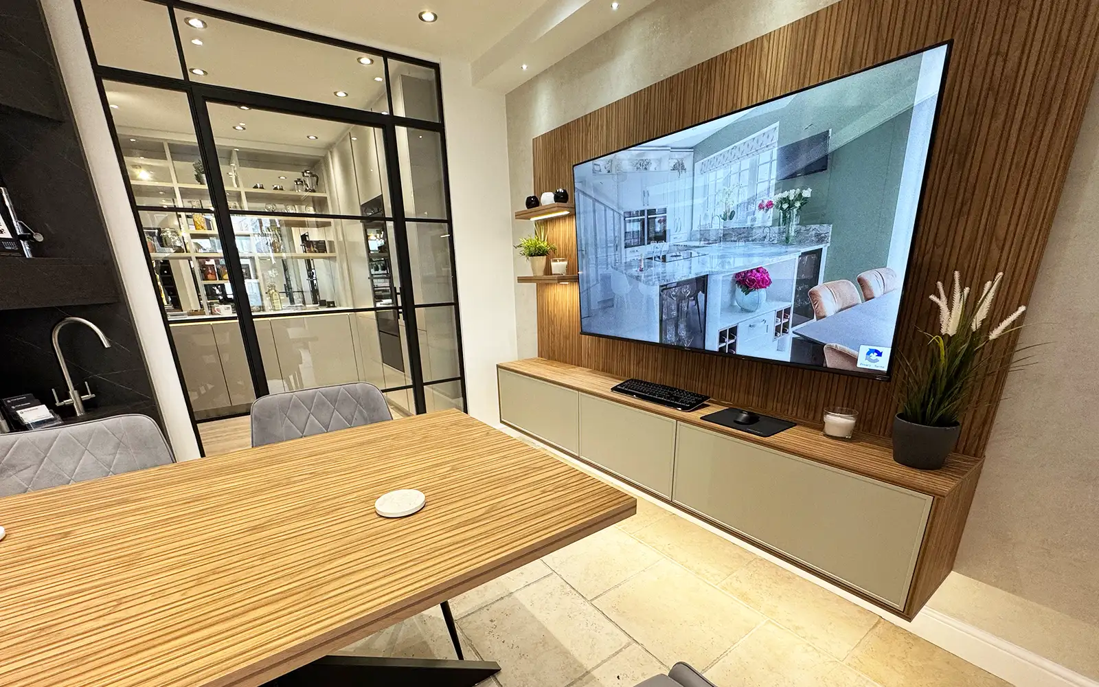 media wall with industrial finishes